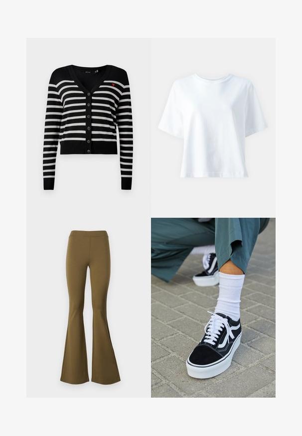 Cardigan à rayures horizontales noir et blanc avec des manches longues et un petit cœur rouge brodé sur la poitrine gauche.; T-shirt en coton blanc avec un col rond, des manches courtes, une coupe décontractée et une texture lisse. Aucune motif ni accent visible.; Pantalons évasés taille haute en vert olive. Fabriqués en tissu extensible, ils présentent une texture lisse et un bas en cloche large à partir du genou.; Baskets en suède noir avec des accents et des lacets blancs, présentant une épaisse semelle blanche et des coutures contrastantes, associées à une chaussette blanche.
