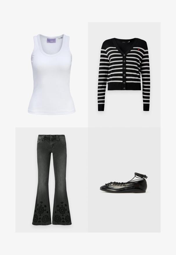 Cárdigan de botones a rayas horizontales en blanco y negro con mangas largas y un pequeño corazón rojo bordado en el lado izquierdo del pecho.; Camiseta sin mangas blanca acanalada con escote redondo y pequeña etiqueta de talla en el interior del cuello.; Vaqueros negros acampanados con un acabado desteñido; presentan patrones florales bordados en negro en el bajo; material de mezclilla con una textura suave.; Zapatos planos tipo ballet de charol negro con punta redondeada, diseño con cordones y suela plana. Textura lisa con detalles mínimos.