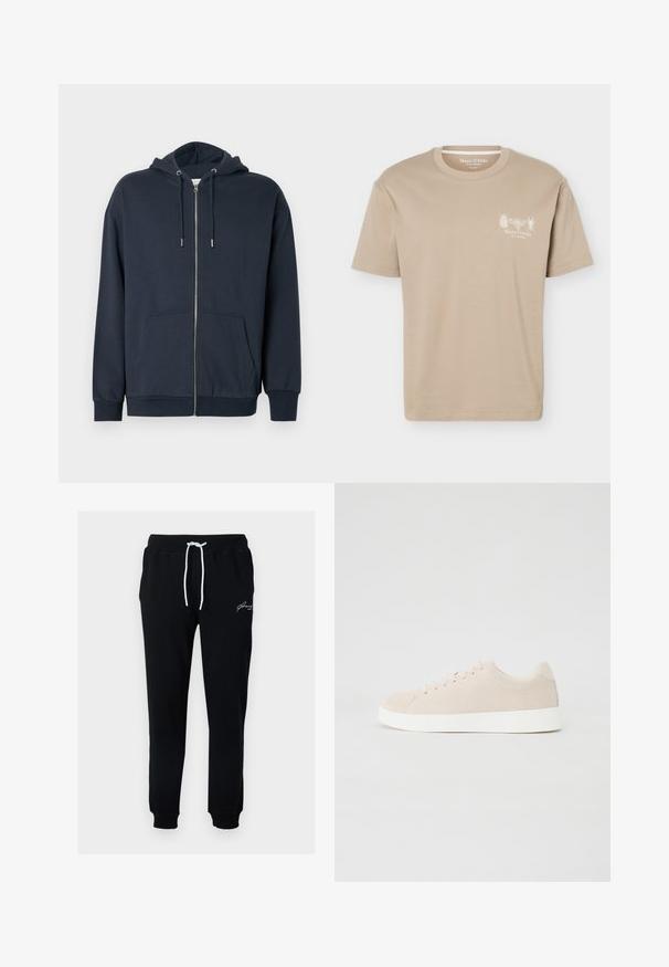 Sweat à capuche zippé bleu marine en mélange de coton doux, avec ourlet arrondi, deux poches frontales et capuche réglable avec cordon de serrage.; T-shirt beige à manches courtes avec col rond, présentant de petits motifs d'insectes et le logo "Marc O'Polo" sur la poitrine gauche.; Pantalon de survêtement noir en tissu mélange de coton. Dispose d'une taille à cordon avec des liens blancs et d'un petit logo brodé blanc près de la hanche.; Baskets en daim beige avec semelles en caoutchouc blanc, bout rond et six œillets pour les lacets. Texture lisse avec un design minimaliste.