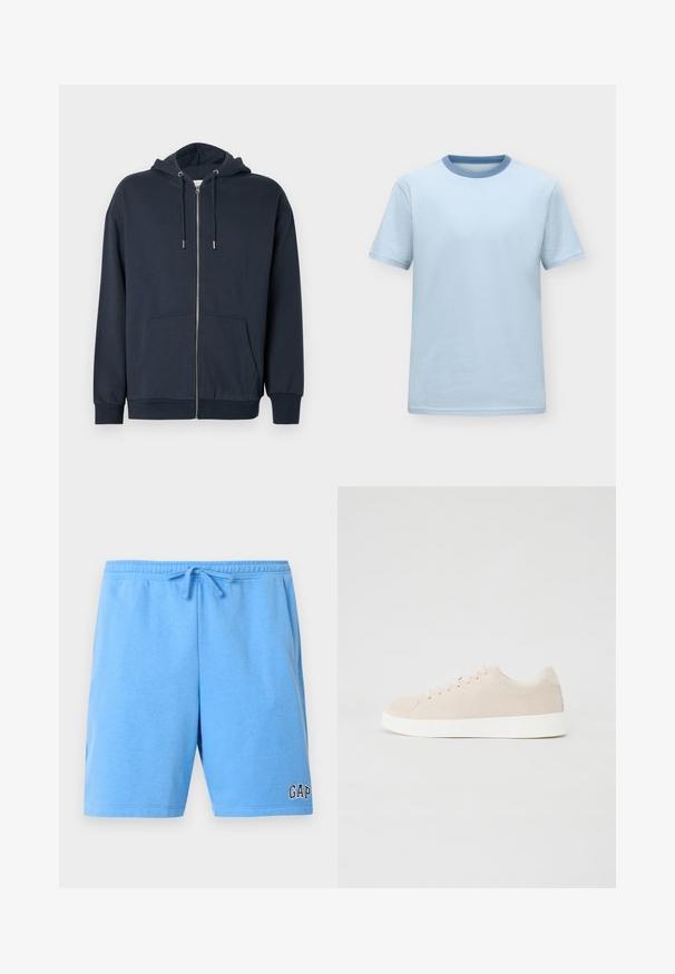 Sweat à capuche zippé bleu marine en mélange de coton doux, avec ourlet arrondi, deux poches frontales et capuche réglable avec cordon de serrage.; T-shirt bleu clair à manches courtes avec un col rond bleu légèrement plus foncé, présenté sur un fond neutre uni.; Shorts décontractés bleu clair avec taille élastique et cordon, avec un petit logo "GAP" sur la partie inférieure de la jambe droite.; Baskets en daim beige avec semelles en caoutchouc blanc, bout rond et six œillets pour les lacets. Texture lisse avec un design minimaliste.