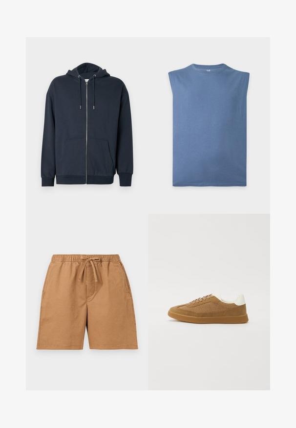 Sweat à capuche zippé bleu marine en mélange de coton doux, avec ourlet arrondi, deux poches frontales et capuche réglable avec cordon de serrage.; T-shirt bleu sans manches à col rond en tissu doux, posé à plat sur un fond blanc.; Shorts décontractés marron avec taille élastique et cordon de serrage à l'avant, dotés de poches latérales et de détails cousus.; Baskets avec une tige en mesh et en suède marron, accent blanc au talon, semelle plate en caoutchouc et lacets marron. Col rembourré pour le confort.