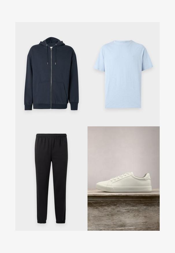 Sudadera con cremallera azul marino hecha de una suave mezcla de algodón, con dobladillo curvado, dos bolsillos frontales y capucha ajustable con cordón.; Camiseta azul claro de manga corta y cuello redondo con un pequeño logo bordado en el pecho izquierdo, mostrada sobre un fondo sencillo.; Pantalones de chándal negros con cintura elástica, piernas ajustadas y tejido texturizado. Presenta un sutil detalle del logo en el lado izquierdo.; Zapatilla blanca con cordones flotando sobre un banco de madera con follaje verde al fondo, mostrando el diseño y la textura del zapato.