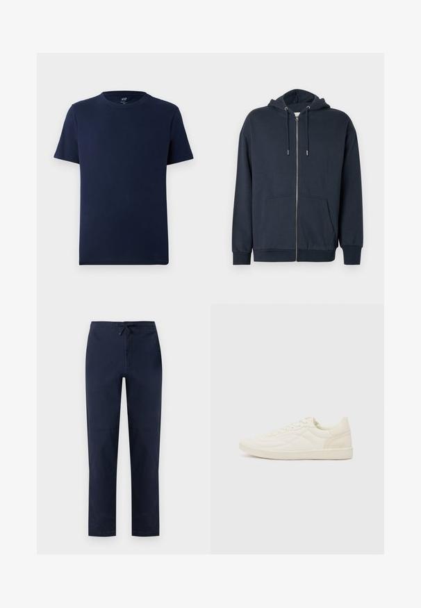 Sweat à capuche zippé bleu marine en mélange de coton doux, avec ourlet arrondi, deux poches frontales et capuche réglable avec cordon de serrage.; T-shirt en coton bleu marine à manches courtes et col rond, avec un petit logo GAP imprimé à l'intérieur du col.; Pantalon droit bleu marine avec devant plat, poches latérales et taille élastique munie d'une patte noire ajustable.; ALDO THEPITCH - Baskets basses - white