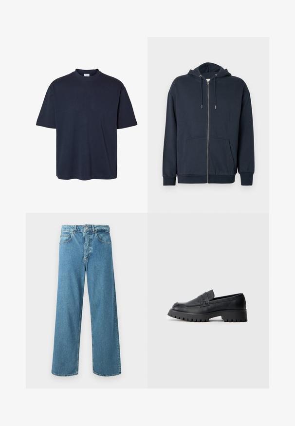 Marineblauwe zip-up hoodie gemaakt van een zachte katoenmengeling met een afgeronde zoom, twee steekzakken aan de voorkant en een verstelbare capuchon met trekkoord.; Effen donker marineblauw T-shirt met korte mouwen, een ronde hals en een reguliere pasvorm, weergegeven op een witte achtergrond.; Lichtblauwe wijde spijkerbroek gemaakt van denim, met een hoge taille, zakken aan de voorkant en een klassieke knoop- en ritssluiting.; Zwarte leren instappers met een ronde neus, voorzien van een decoratieve riem en een stevige rubberen zool met diepe groeven voor grip.