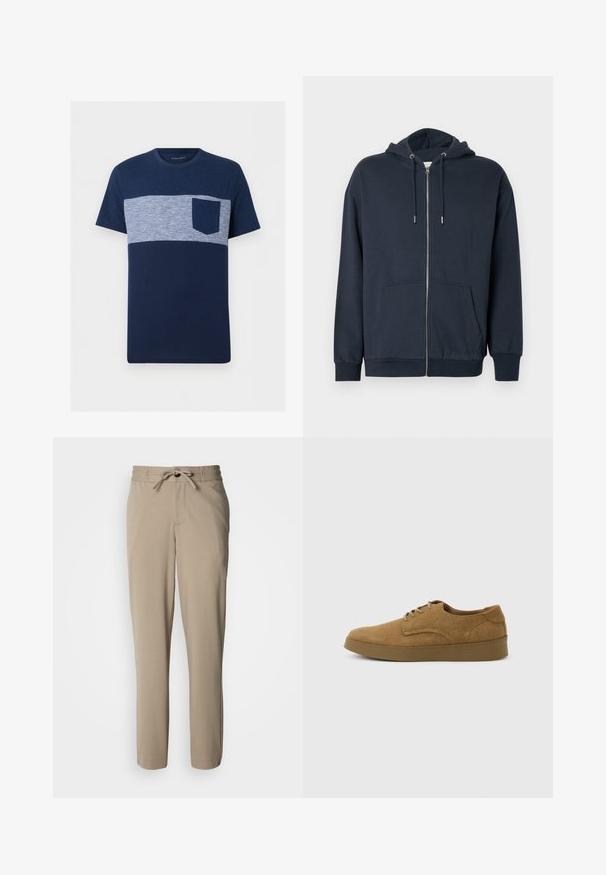Sweat à capuche zippé bleu marine en mélange de coton doux, avec ourlet arrondi, deux poches frontales et capuche réglable avec cordon de serrage.; T-shirt homme bleu marine à manches courtes avec une bande horizontale rayée bleu clair et blanc sur la poitrine et une poche poitrine unie bleu marine.; Pantalon beige en tissu doux, doté d'une taille à cordon de serrage et d'une coupe décontractée, avec des jambes droites et sans poches visibles.; Chaussure décontractée à lacets en daim marron avec semelle en caoutchouc plate, vue de côté sur un fond clair uni.