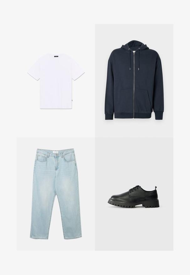 Sudadera con cremallera azul marino hecha de una suave mezcla de algodón, con dobladillo curvado, dos bolsillos frontales y capucha ajustable con cordón.; Camiseta blanca de manga corta con cuello redondo, mostrada plana desde atrás, con una pequeña etiqueta negra en el cuello y la costura lateral.; Jeans de mezclilla azul claro con un corte relajado, cinco bolsillos, cierre de botón y ligeras desgastadas. La textura es suave y ligeramente usada.; Zapatos de cuero negro con cordones, punta redondeada, superficie texturizada y suela de goma gruesa con profundos surcos para mejor agarre.