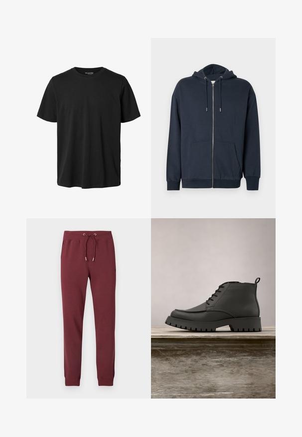 Marineblauwe zip-up hoodie gemaakt van een zachte katoenmengeling met een afgeronde zoom, twee steekzakken aan de voorkant en een verstelbare capuchon met trekkoord.; Effen zwarte T-shirt met korte mouwen, ronde hals en reguliere pasvorm zonder zichtbaar ontwerp of merk aan de voorkant.; Bordeauxkleurige joggerbroek van zacht materiaal, met een tailleband met trekkoord, zijzakken, taps toelopende pijpen en elastische boorden.; Zwarte leren enkelboot met een ronde neus, veters en een dikke, robuuste zool met diepe groeven. Verhoogd op een houten oppervlak.