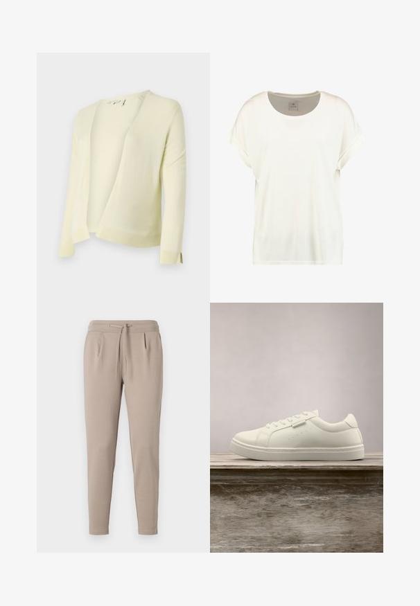 Cárdigan de punto amarillo claro con escote en V, abertura frontal y mangas largas. Presenta dobladillos y puños acanalados para mayor textura. Material suave.; Camiseta blanca lisa de manga corta con cuello redondo, mangas con puños y una pequeña etiqueta de tela en el interior del cuello que dice "Culture."; Pantalones jogger beige elaborados en tejido suave, con una cintura elástica y cordón, y bolsillos laterales. Diseño de pierna estrecha.; Zapatilla blanca de cuero con cordones flotando sobre un banco de madera, con hierba alta verde desenfocada al fondo en un entorno al aire libre.