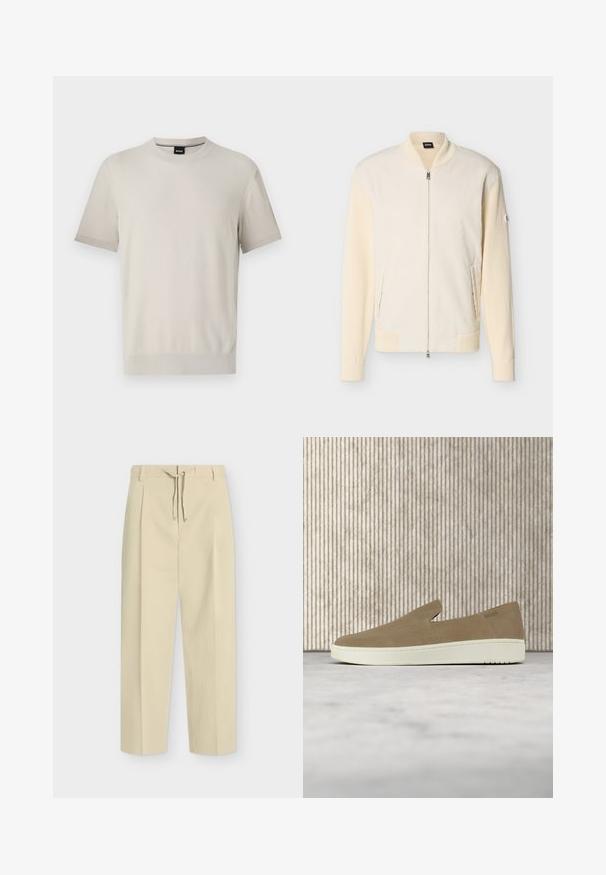 Veste bomber couleur crème avec manches en maille, fermeture éclair, col, poignets et ourlet côtelés, et poches latérales sur un fond uni.; T-shirt à col rond à manches courtes en tissu texturé beige clair. Caractérisé par un col et des poignets côtelés avec une bordure contrastante subtile.; Pantalon beige droit avec passants pour ceinture et nouage à l'avant, présentant un design épuré et ajusté ainsi qu'un tissu texturé.; Chaussure beige sans lacets avec semelle blanche, présentée en suspension sur un tapis clair avec un mobilier transparent de couleur ambre en arrière-plan.