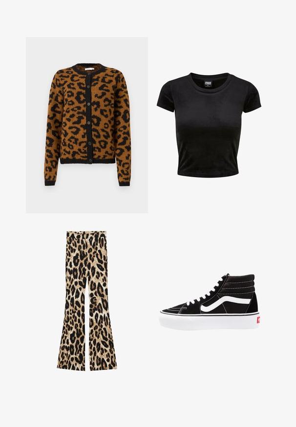Brun leopardprint cardigan lavet af blødt stof, med rund halsudskæring, sorte knapper og ribbede manchetter og kant.; Sort, kortærmet crop top lavet af blød, fløjlsagtig stof. Har en klassisk rund halsudskæring og et simpelt design uden mønstre eller pynt.; Flared bukser med leopardprint i sort og brune nuancer, ribbet tekstur og høj talje design.; Sorte høj-top sneakers med hvide snørebånd, et hvidt logo og kontrasterende hvid syning. Har en tyk hvid sål og struktureret ruskindsoverdel.