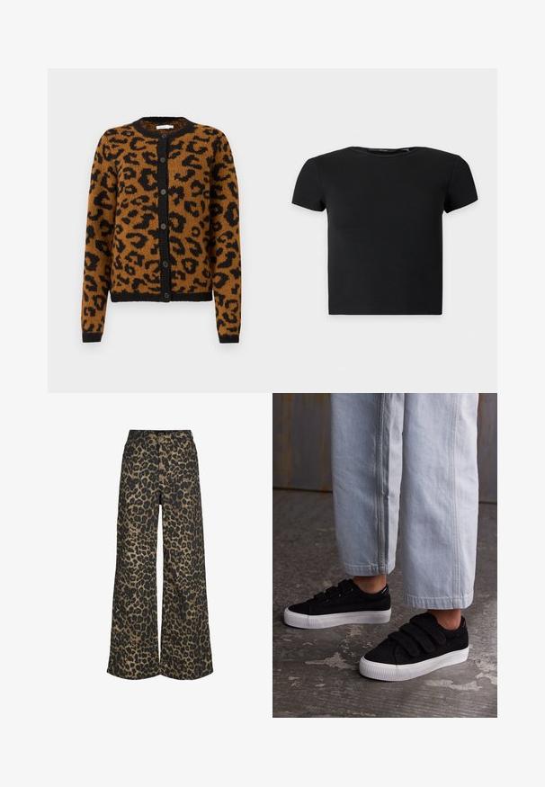 Cardigan en imprimé léopard marron fabriqué en tissu doux, doté d'un col rond, de boutons noirs et de poignets et d'un ourlet côtelés.; Top court noir à manches courtes en côte avec un col rond, présenté sur un fond clair uni.; Pantalon à jambes larges avec un imprimé léopard marron et noir sur toute la surface, fermeture à l'avant par boutons et zip.; Baskets en velours côtelé noir avec trois bandes Velcro et un dessus texturé. Semelle en caoutchouc blanc à profil bas. Portées avec un pantalon cropped bleu clair.
