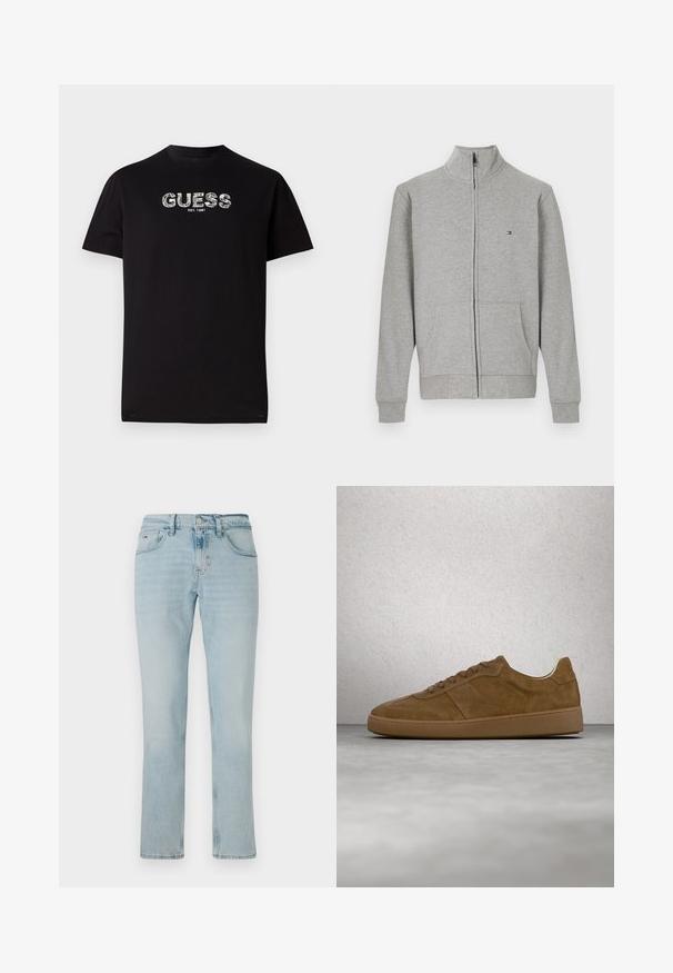 Grijze ritsvest met een hoge kraag, twee voorzakken, geribde manchetten en een klein logo op de bovenste linkerkant. Zachte textuur.; Zwarte katoenen t-shirt met korte mouwen, voorzien van een witte grafische "GUESS" logo en de tekst "EST. 1981" eronder. Ronde halslijn, casual pasvorm.; Lichtblauwe denim jeans met een recht pijpdesign, zachte textuur, voorzakken en subtiele vervagingpatronen. Voorzien van een knoop- en ritssluiting.; Bruine suède sneaker met beige veters en rubberen zool. Heeft een afgeronde neus en gestikte details op het bovenwerk. Lichtgewicht ontwerp.