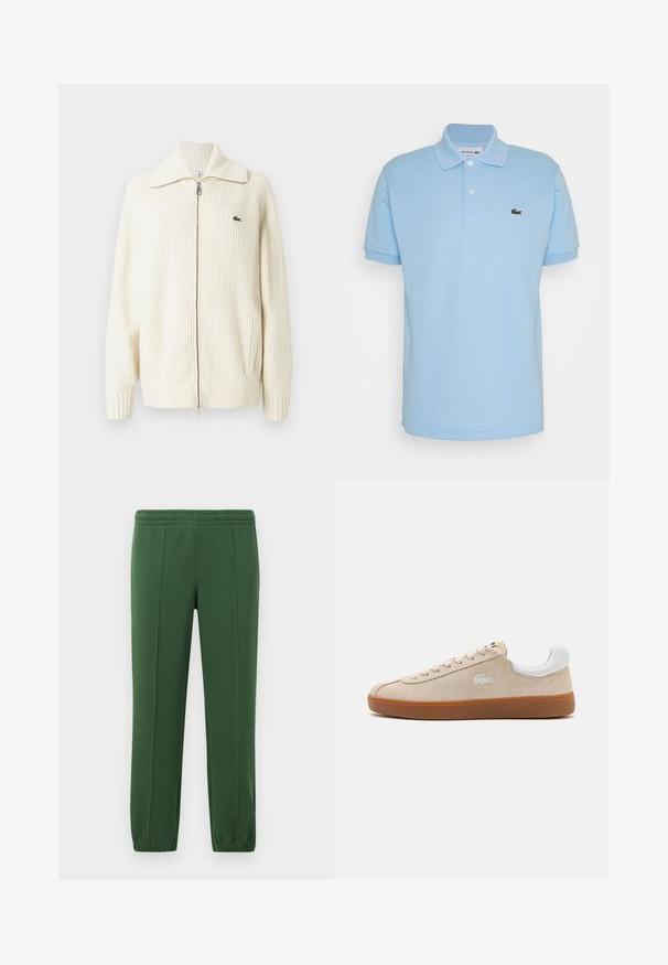 Cárdigan de punto acanalado en color crema, con cremallera y un amplio cuello, cierre con cremallera y un sutil detalle de logo en el lado izquierdo del pecho. Tejido texturizado.; Camisa polo azul claro hecha de algodón, con un cuello de pico, tres botones y un logo bordado de Lacoste en verde en el lado izquierdo del pecho.; Pantalones de chándal verdes hechos de una tela suave; cuentan con una cintura elástica, perneras ajustadas y un pequeño logo en el lado.; Zapatilla de ante beige con detalles en cuero blanco, cierre de cordones plano, suela de goma y logo bordado. La vista lateral muestra un diseño aerodinámico.