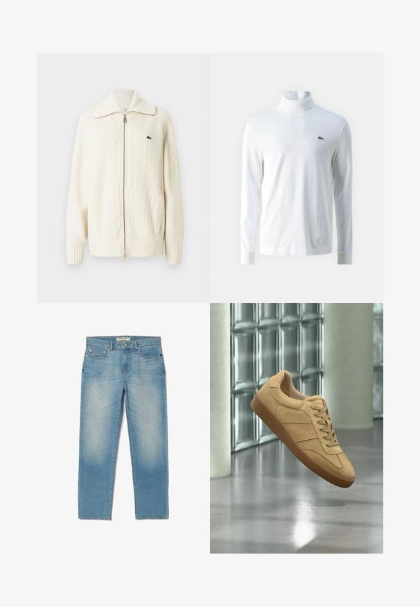 Crème kleurige geribde gebreide cardigan met rits, een ruime kraag, ritsluiting en subtiele logodetail op de linkerkant van de borst. Gelaagde stof.; Witte lange mouw turtleneck shirt van zachte stof, met een klein groen geborduurd logo op de borst en aansluitende manchetten.; Lichtblauwe denim jeans met een recht gesneden ontwerp, vijf zakken en een licht vervaagde wassing. Voorzien van zilverkleurige hardware en een merklabel op de tailleband.; Beige suède sneaker met rubberen zool, veterdesign, zwevend binnenshuis op gepolijst betonnen vloer nabij een glasblokmuur.