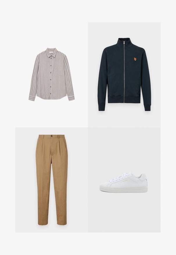 Marineblå zip-up jakke med høj krave, har sidelommer og et lille broderet ræv-logo på brystet, lavet af blødt materiale.; Stribet langærmet skjorte i beige og grå nuancer, lavet af et tekstureret stof. Har en klassisk krave, knaplukning foran og en brystlomme.; Tan pleated bukser med lige snit, lavet af et glat stof. Har knaplukning foran og sidelommer.; Hvide sneakers i lav model og læder med rund snude, flade snørebånd, tekstureret sål og diskret guldfarvet logo på siden. Glat overflade og minimalistisk design.