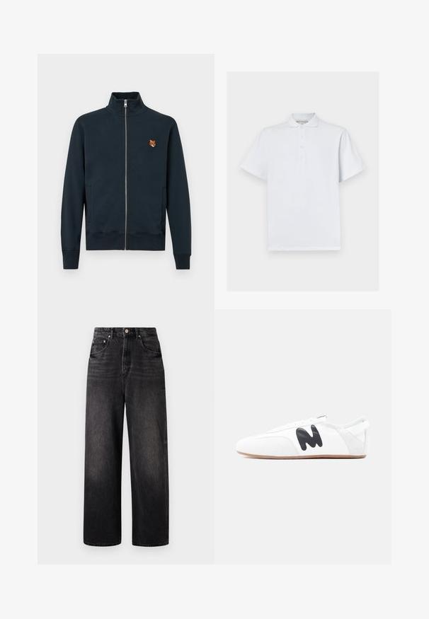 Marineblå zip-up jakke med høj krave, har sidelommer og et lille broderet ræv-logo på brystet, lavet af blødt materiale.; Hvid polo skjorte lavet af bomuld, med en klassisk krave, korte ærmer og en tre-knaps knaplukning. Glat tekstur, ingen mønstre.; Sorte denim jeans med løstsiddende pasform, høj talje, fem lommer og synlig knaplukning. Har diskret falmning og lige ben design.; Hvid lavprofilsneaker med sort "M"-logo på siden og lys brun sål, set fra ydersiden på ensfarvet baggrund.