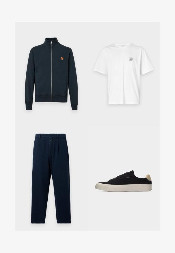 Marineblå zip-up jakke med høj krave, har sidelommer og et lille broderet ræv-logo på brystet, lavet af blødt materiale.; Hvid t-shirt lavet af bomuld med korte ærmer, rund halsudskæring og et lille gråt logo på venstre brystområde. Glat tekstur.; CLOSED BLOMBERG - Baggy jeans - dark blue; Sort lavsko med beige hælkappe, tyk hvid gummisål, sorte snørebånd og lille "PS Paul Smith" mærke på siden.