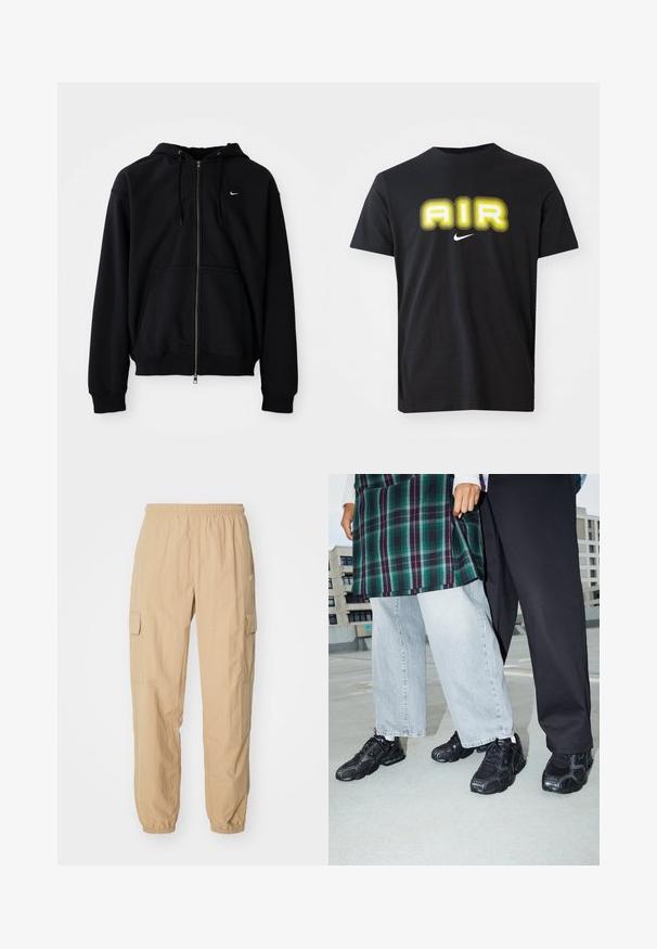 Sudadera negra con cremallera completa, capucha, cordones, bolsillos delanteros y pequeño logo blanco de Nike en el pecho izquierdo, mostrada sobre fondo liso.; Camiseta de algodón negra con un gran gráfico amarillo brillante de "AIR" en un diseño ondulado y un pequeño logo blanco de Nike debajo.; Pantalones cargo beige hechos de una tela ligera, con una cinturilla elástica, dos bolsillos laterales y puños elásticos en los tobillos.; Zapatillas deportivas negras con acentos de malla y goma. Combinadas con jeans de pierna ancha de color gris claro y una blusa de cuadros verdes. Fondo de superficie plana.