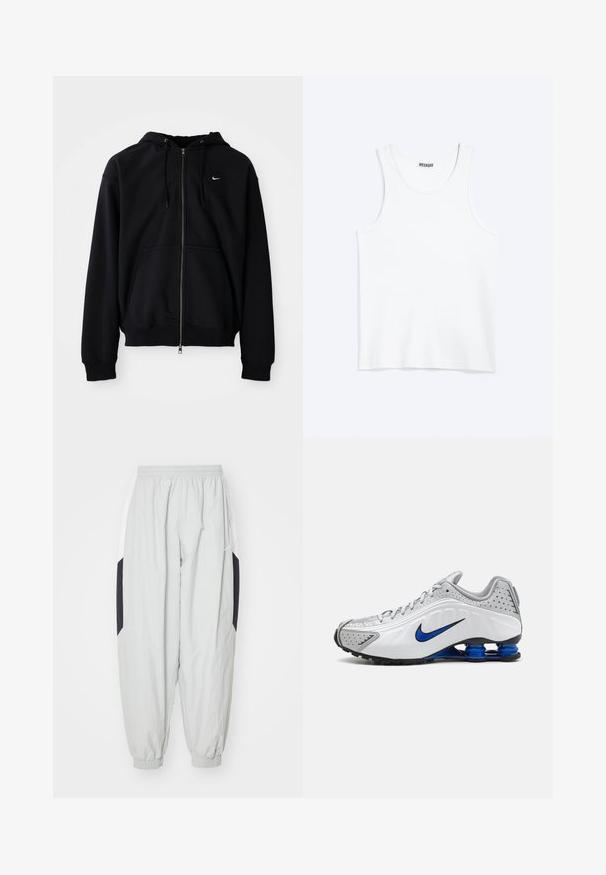 Schwarzer Kapuzenpullover mit durchgehendem Reißverschluss, Kapuze, Kordeln, Vordertaschen und kleinem weißem Nike-Logo auf der linken Brust, dargestellt vor einfarbigem Hintergrund.; Weißes ärmelloses Tanktop mit rundem Ausschnitt und Weekday-Markenetikett auf der Innenseite des hinteren Kragens, flach auf hellem Hintergrund dargestellt.; Hellgraue Jogginghose aus leichtem Stoff, mit elastischem Bund und Bündchen, sowie kontrastierenden schwarzen und weißen Seiteneinsätzen.; Nike Laufschuh mit einem weißen und grauen Obermaterial, blauen Akzenten, perforierten Details, einer gepolsterten Sohle und einem charakteristischen Shox-Federungssystem.