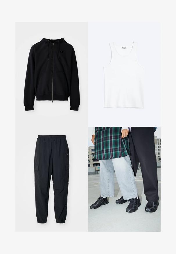 Schwarzer Kapuzenpullover mit durchgehendem Reißverschluss, Kapuze, Kordeln, Vordertaschen und kleinem weißem Nike-Logo auf der linken Brust, dargestellt vor einfarbigem Hintergrund.; Weißes ärmelloses Tanktop mit rundem Ausschnitt und Weekday-Markenetikett auf der Innenseite des hinteren Kragens, flach auf hellem Hintergrund dargestellt.; Schwarze Cargo-Hosen aus leichtem Material mit einem elastischen Bund, Seitentaschen und einer lockeren Passform mit elastischen Bündchen.; Schwarze Sportschuhe mit Mesh- und Gummielementen. Kombiniert mit hellgrauen weiten Jeans und einem karierten grünen Oberteil. Flacher Hintergrund.
