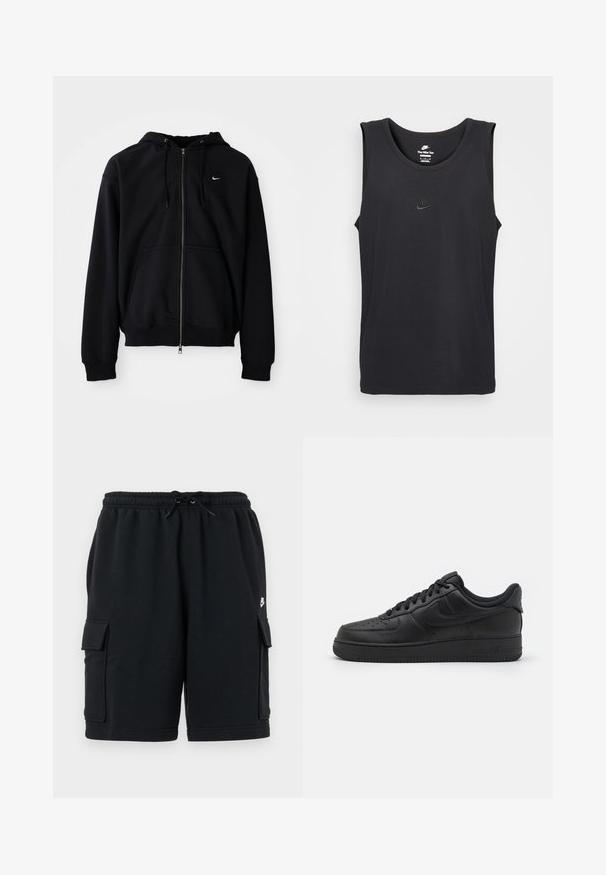 Sweat à capuche zippé noir avec capuche, cordons, poches avant et petit logo blanc Nike sur le côté gauche de la poitrine, présenté sur fond uni.; Top sans manches Nike noir en coton, avec un col rond et un petit logo en relief sur la poitrine. Texture de tissu lisse.; Shorts cargo en coton noir avec une taille élastique et un cordon de serrage, présentant deux poches latérales et un petit logo en accent.; Nike Sportswear AIR FORCE 1 07 FLYEASE - Baskets basses - black