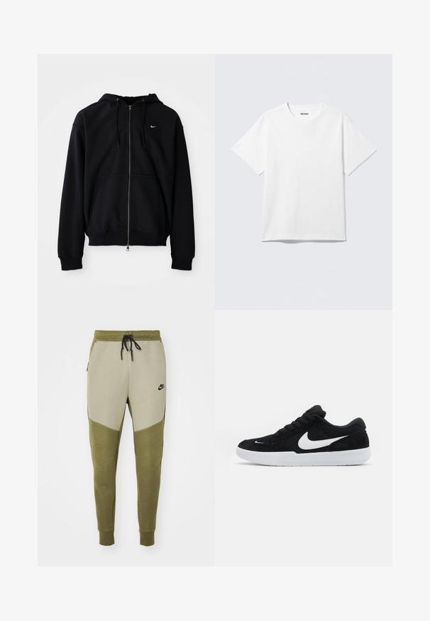 Čierna mikina s kapucňou a celým zipsom, sťahovacími šnúrkami, prednými vreckami a malým bielym logom Nike na ľavej strane hrudníka, zobrazená na jednofarebnom pozadí.; Biely krátky rukáv tričko s okrúhlym výstrihom, na rovine, jednoduchý dizajn, so štítkom "WEEKDAY" vo vnútri goliera na svetlom pozadí.; Nike tepláky v béžovej a olivovo zelenej farbe. Majú šnúrku v páse, zúžené nohavice, bočné vrecká a logo Nike na ľavom stehne.; Čierne semišové tenisky s bielymi akcentmi, so zaoblenou špičkou, hrubou bielou podrážkou a čiernymi šnúrkami. Výrazné biele logo Nike na boku.