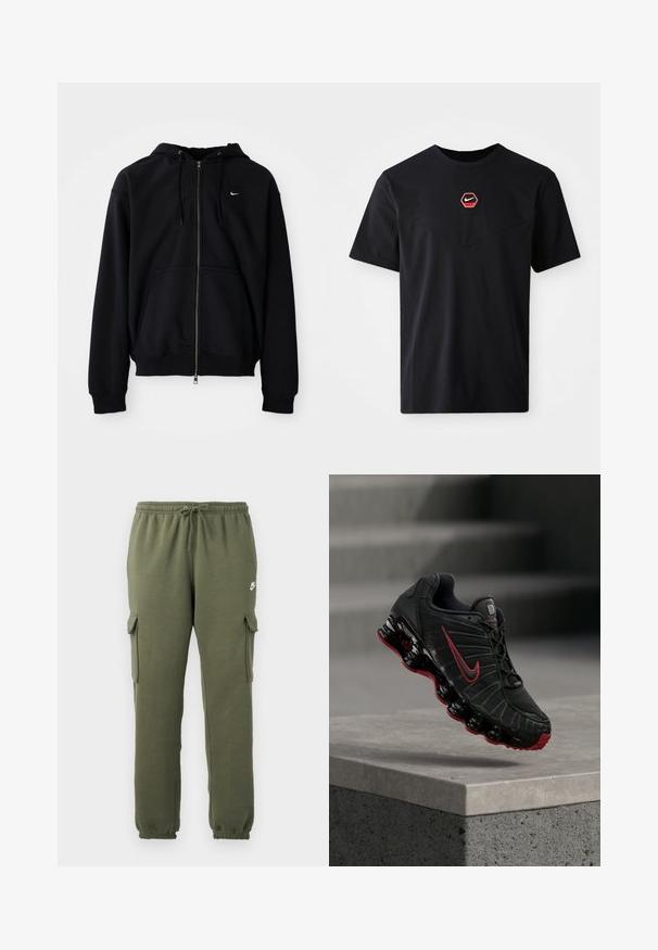 Schwarzer Kapuzenpullover mit durchgehendem Reißverschluss, Kapuze, Kordeln, Vordertaschen und kleinem weißem Nike-Logo auf der linken Brust, dargestellt vor einfarbigem Hintergrund.; Schwarzes kurzärmeliges T-Shirt aus Baumwolle mit einem sechseckigen roten und weißen Nike-Logo auf der Brust und einem abgerundeten Ausschnitt.; Olivgrüne Cargo-Hosen mit elastischem Bund, Kordelzugverschluss, Seitentaschen und logo auf dem Oberschenkel. Glattes Baumwollmischgewebe.; Schwarzer und roter Nike-Sportschuh mit sichtbarer federartiger Sohle, der auf der Kante einer Betonstufe balanciert.