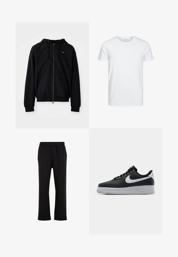 Sort hættejakke med fuld lynlås, hætte, snore, frontlommer og lille hvid Nike-logo på venstre bryst, vist på ensfarvet baggrund.; Rundhals kortærmet t-shirt i ensfarvet hvid, lavet af blød bomuld, har et simpelt design uden synlige mønstre eller detaljer.; Urban Classics Træningsbukser - black; Sort lædersneaker med tekstureret overflade, hvid Nike swoosh, grå sål, rund tå og snørebåndsdesign. Har perforeringer på tåboksen.
