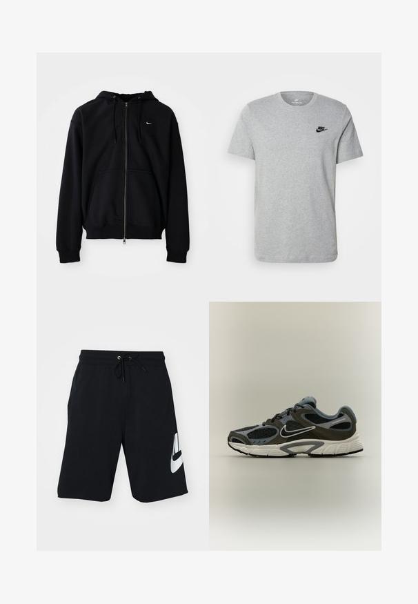 Black full-zip hoodie with hood, drawstrings, front pockets, and small white Nike logo on left chest, displayed on plain background.; Gray short-sleeve T-shirt made of cotton, featuring a black Nike logo on the chest and a round neckline. Minimalist design with no patterns.; Black cotton shorts with a drawstring waist, side pockets, and large white Nike logo printed on the left thigh. Classic athletic design.; Black and gray Nike running shoe with white sole and swoosh, breathable mesh panels, and padded collar, shown in profile on neutral background.