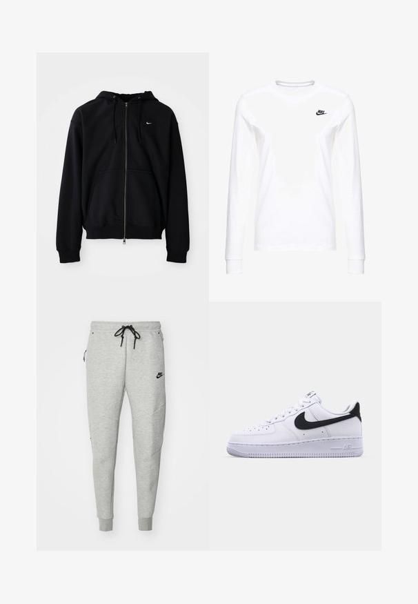 Zwarte hoodie met volledige rits, capuchon, trekkoorden, voorzakken en klein wit Nike-logo aan de linkerkant van de borst, afgebeeld op een effen achtergrond.; Witte lange mouwen T-shirt van katoen, met een klein zwart Nike-logo op de linkerkant van de borst en een ronde halslijn. Gladde textuur.; Grijze sweatpants met een gladde textuur, elastische tailleband, verstelbaar zwart trekkoord, twee zijzakken en een klein zwart logo.; Witte leren sneaker met een gestructureerde zwarte Swoosh, platte veters en een rubberen zool met een geribbeld patroon. "AIR" is in de hak geperst.
