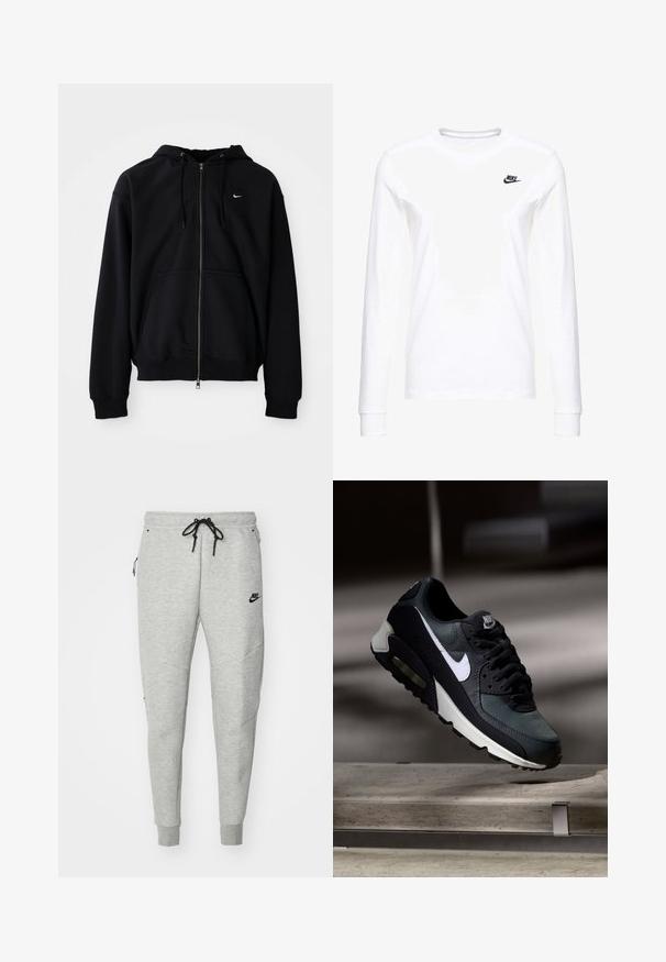 Čierna mikina s kapucňou a celým zipsom, sťahovacími šnúrkami, prednými vreckami a malým bielym logom Nike na ľavej strane hrudníka, zobrazená na jednofarebnom pozadí.; Biele dlhé rukávy tričko vyrobené z bavlny, s malým čiernym logom Nike na ľavej hrudi a okrúhlym výstrihom. Hladká textúra.; Šedé tepláky s hladkou textúrou, elastickým pásom, nastaviteľným čiernym šnúrkom, dvoma bočnými vreckami a malým čiernym logom.; Čierno-sivá teniska Nike Air Max s bielym logom, zavesená nad betónovým povrchom na rozmazanom tmavom pozadí.