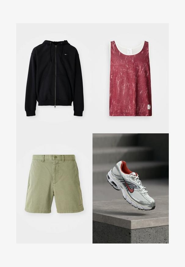 Zwarte hoodie met volledige rits, capuchon, trekkoorden, voorzakken en klein wit Nike-logo aan de linkerkant van de borst, afgebeeld op een effen achtergrond.; Rode mesh tanktop met een licht vervaagd, versleten patroon. Kenmerkt zich door een witte bies langs de halslijn en armsgaten, en heeft een klein logootje aan de onderkant.; Kaki shorts van zacht katoen met een gladde textuur. Voorzien van een knoopsluiting, zijzakken en een klein logo op de zoom.; Witte en zilveren Nike hardloopschoen met rode accenten die zweeft boven een betonnen rand, waarbij de zijkant en zool details worden getoond.
