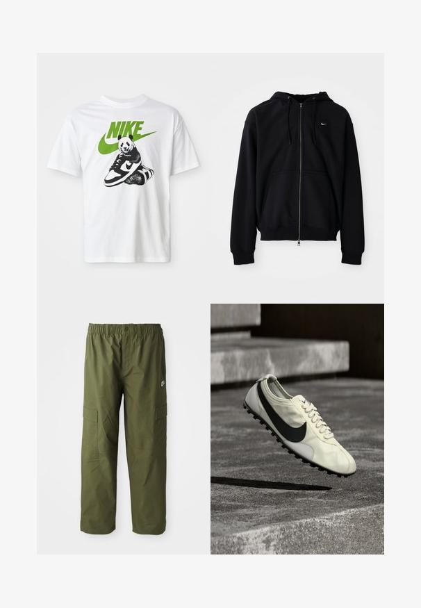 Čierna mikina s kapucňou a celým zipsom, sťahovacími šnúrkami, prednými vreckami a malým bielym logom Nike na ľavej strane hrudníka, zobrazená na jednofarebnom pozadí.; Biela bavlnená tričko s čierno-bielou grafikou pandy, ktorá drží tenisku Nike, s zeleným logom Nike hore.; Nike cargo nohavice v tmavej olivovej farbe, ktoré majú elastický pás, dve bočné vrecká a hladkú, ľahkú tkaninu.; Biela teniska Nike s čiernym logom Swoosh, šnúrkami a gumovou podrážkou s trakciou, zobrazená vo vzduchu nad betónovým schodiskom.