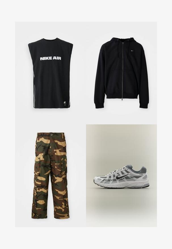 Čierna mikina s kapucňou a celým zipsom, sťahovacími šnúrkami, prednými vreckami a malým bielym logom Nike na ľavej strane hrudníka, zobrazená na jednofarebnom pozadí.; Čierne tielko bez rukávov Nike Air s bielym logom textu umiestneným na strede hrudníka a malou čiernou nášivkou Nike Air blízko dolného lemu.; Maskáčové cargo nohavice v zelenej, hnedej a béžovej farbe. Obsahujú dve veľké bočné vrecká a zapínanie na gombík. Vyrobené z textúrovaného materiálu.; Biela a sivá teniska Nike P-6000 s čiernym logom, sieťovinovými panelmi a štruktúrovanou podrážkou, zobrazená v bočnom profile na neutrálnom pozadí.