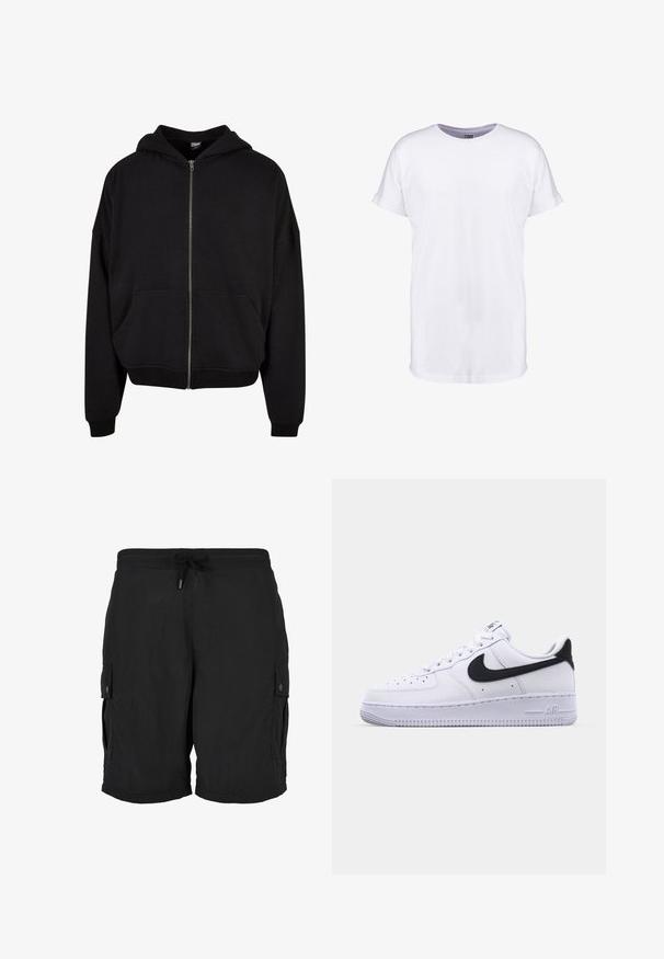Sort zip-up hoodie med hætte, lange ærmer og to frontlommer. Fremstillet af blødt bomuldsblandingsstof med ribbede manchetter og kant.; Neutral hvid kortærmet t-shirt med op rullede ærmekanter og rund halsudskæring, vist på en hvid baggrund.; Sorte cargoshorts med elastisk talje, justerbar snøre og knaplukning på sidelommerne.; Hvide lædersneakers med en struktureret sort Swoosh, flade snørebånd og en gummisål med et rillemønster. "AIR" er præget på hælen.