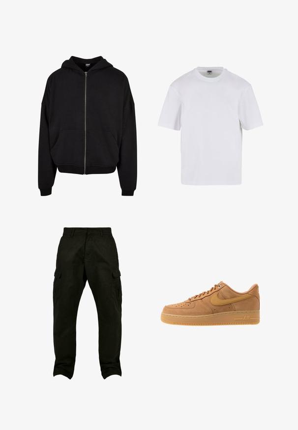 Zwarte zip-up hoodie met een capuchon, lange mouwen en twee voorzakken. Gemaakt van een zachte katoenmix met ribgebreide cuffs en zoom.; Witte kraagloze t-shirt met korte mouwen, gemaakt van katoen. Heeft een ronde halslijn en een losse pasvorm. Soepele textuur, minimalistisch ontwerp, geen patronen of accenten.; Zwarte katoenen cargobroek met een relaxte pasvorm, voorzien van zijzakken, riemlussen en rechte pijpen. Gelaagd stof en versterkte stiksels.; Nike Sportswear AIR FORCE 1 07 - Sneakers laag - flax/wheat/light brown/black/team gold
