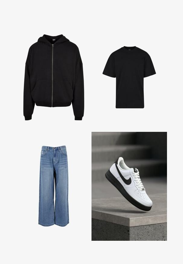 Zwarte zip-up hoodie met een capuchon, lange mouwen en twee voorzakken. Gemaakt van een zachte katoenmix met ribgebreide cuffs en zoom.; Zwarte T-shirt met korte mouwen en ronde hals, een ontspannen pasvorm, eenvoudig ontwerp zonder zichtbare logo's of patronen.; Brede blauwe denim jeans met een hoge taille, frontzakken en gestikte details op de benen. Gelaagd, vervaagd uiterlijk met een relaxed fit.; Witte leren sneaker met zwarte accenten, afgeronde neus en geperforeerde details. Zwarte rubberen zool met een gestructureerd patroon en vetersluiting.