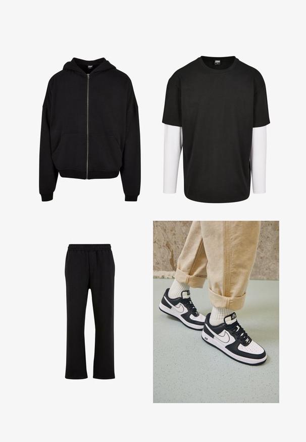 Sort zip-up hoodie med hætte, lange ærmer og to frontlommer. Fremstillet af blødt bomuldsblandingsstof med ribbede manchetter og kant.; Sort kortærmet t-shirt med et hvidt langærmet lag under. Lavet af bomuld med rund halsudskæring og afslappet pasform.; Urban Classics Træningsbukser - black; Sorte og hvide Nike Air Force 1 sneakers med læderoverdel, perforeret tå og tekstureret såldetalje, båret med rullede beige bukser og hvide sokker.