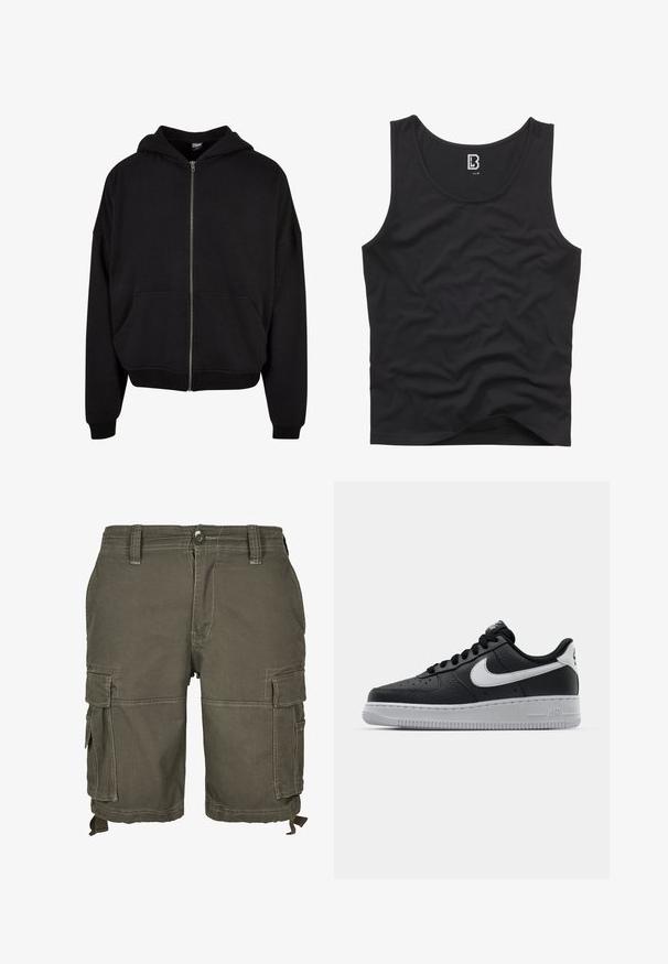 Sudadera negra con cremallera, con capucha, mangas largas y dos bolsillos frontales. Fabricada en una suave mezcla de algodón con puños y dobladillo acanalados.; Top negro sin mangas hecho de una tela suave, con un escote redondeado y sisa, con un diseño liso y sin patrones ni acentos visibles.; Pantalones cortos cargo en verde oliva, fabricados con tejido duradero, que cuentan con múltiples bolsillos laterales, pasantes para cinturón y detalles cosidos para añadir textura.; Zapatilla negra de cuero con superficie texturizada, logo de Nike en blanco, suela gris, puntera redonda y diseño de encaje. Presenta perforaciones en la puntera.