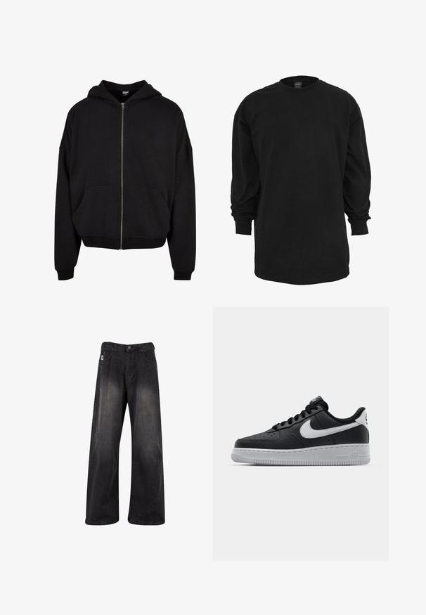 Zwarte zip-up hoodie met een capuchon, lange mouwen en twee voorzakken. Gemaakt van een zachte katoenmix met ribgebreide cuffs en zoom.; Zwart T-shirt met lange mouwen, gemaakt van katoen. Kenmerkt zich door een ronde halslijn en een reguliere pasvorm. Glad oppervlak zonder zichtbare patronen of accenten.; Zwarte wijde denim broek met een vervaagde afwerking, uitgerust met een knoopsluiting, vijf zakken en een merkpatch aan de linkervoorzijde.; Zwarte lederen sneaker met een textuur oppervlak, witte Nike swoosh, grijze zool, ronde neus en vetersluiting. Bevat perforaties op de neus.