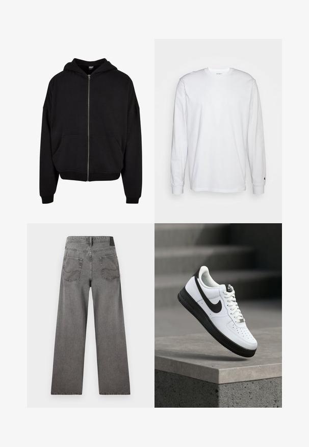 Zwarte zip-up hoodie met een capuchon, lange mouwen en twee voorzakken. Gemaakt van een zachte katoenmix met ribgebreide cuffs en zoom.; Witte lange mouwen T-shirt van katoen. Ronde hals ontwerp met ribgebreide manchetten en een klein logo op de linkermouw. Gladde textuur.; Grijze wijdvallende spijkerbroek met twee achterzakken en een tailleband met ceintuurlussen, plat van achteren weergegeven.; Witte leren sneaker met zwarte accenten, afgeronde neus en geperforeerde details. Zwarte rubberen zool met een gestructureerd patroon en vetersluiting.