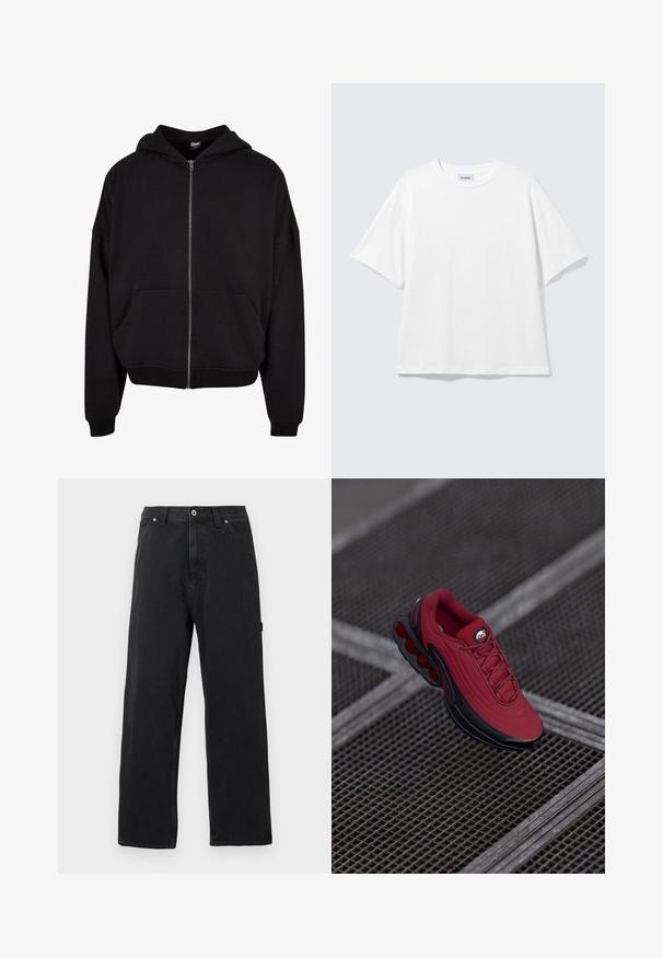 Sudadera negra con cremallera, con capucha, mangas largas y dos bolsillos frontales. Fabricada en una suave mezcla de algodón con puños y dobladillo acanalados.; Camiseta blanca de gran tamaño con mangas cortas, cuello redondo y hombros caídos, plana sobre fondo gris claro.; Vaqueros negros de pierna recta con bolsillos delanteros, trabillas para cinturón, cierre de botón y costuras visibles, sobre un fondo liso.; Zapatilla roja con un upper texturizado, que presenta acentos en negro y un diseño de suela con un prominente sistema de amortiguación de aire. Los cordones y el logo son visibles en la parte superior.