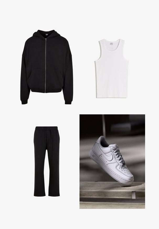 Sort zip-up hoodie med hætte, lange ærmer og to frontlommer. Fremstillet af blødt bomuldsblandingsstof med ribbede manchetter og kant.; Hvid bomulds tanktop med rund halsudskæring og brede skulderstropper. Glat tekstur, uden mønstre eller detaljer, enkelt design.; Urban Classics Træningsbukser - black; Hvid læder Nike Air Force 1 sneaker med perforeret tå, flade snørebånd og tekstureret gummisål med "AIR" branding på siden.