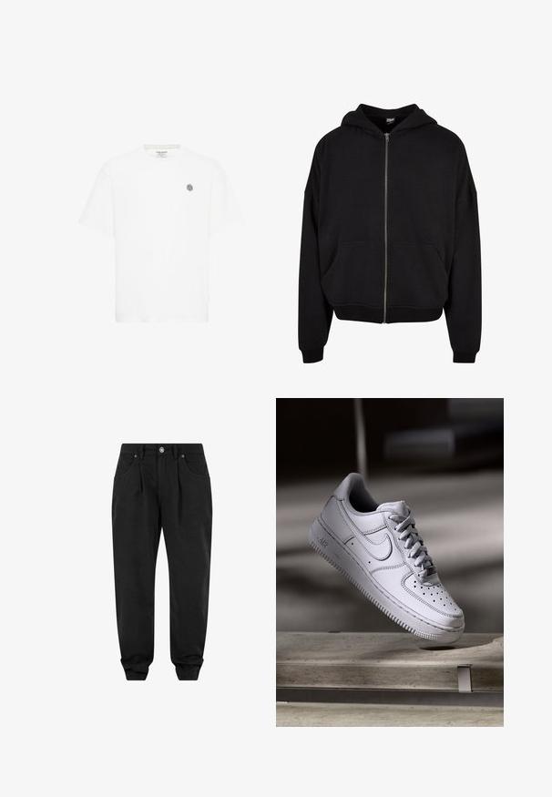Sort zip-up hoodie med hætte, lange ærmer og to frontlommer. Fremstillet af blødt bomuldsblandingsstof med ribbede manchetter og kant.; Hvid kortærmet t-shirt med rund halsudskæring og et lille gråt geometrisk logo på venstre bryst. Lavet af blødt bomuldsmateriale.; Sorte bukser med en afslappet pasform, der har en knaplukning, to forlommer og elastiske manchetter for komfort. Glat stof texture.; Hvid læder Nike Air Force 1 sneaker med perforeret tå, flade snørebånd og tekstureret gummisål med "AIR" branding på siden.
