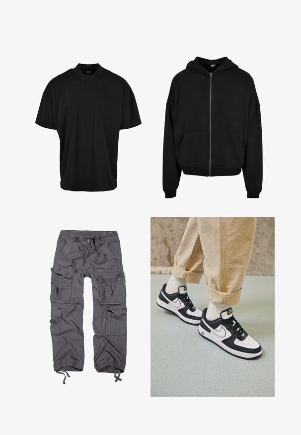 Schwarze Zip-Hoodie mit Kapuze, langen Ärmeln und zwei Fronttaschen. Hergestellt aus weichem Baumwollmischgewebe mit gerippten Bündchen und Saum.; Schwarzes T-Shirt mit kurzen Ärmeln und Rundhalsausschnitt, aus weichem Stoff, mit lockerer Passform und ohne sichtbare Muster oder Akzente.; Graue Cargo-Hosen mit mehreren Taschen, verstellbarem Bund, Knopfverschluss, schmal zulaufenden Säumen und einer strukturierten Stoffoberfläche.; Schwarz-weiße Nike Air Force 1 Sneaker mit einem Obermaterial aus Leder, perforierter Zehenpartie und strukturiertem Sohlendesign, getragen mit aufgerollten beigen Hosen und weißen Socken.