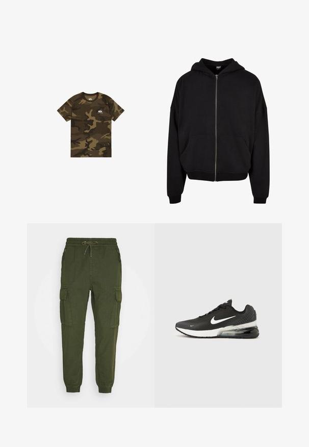 Sort zip-up hoodie med hætte, lange ærmer og to frontlommer. Fremstillet af blødt bomuldsblandingsstof med ribbede manchetter og kant.; Camo t-shirt i olivengrøn, brun og sort, korte ærmer, rund halsudskæring, med et lille hvidt logo på brystet. Blødt bomuldsstof.; Olivegrønne cargo-bukser med elastisk talje, snøre, sidelommer og tætsiddende manchetter. Fremstillet af tekstureret stof for ekstra komfort.; Sort Nike Air Max 270 sneaker med hvid swoosh-logo, hvid mellemsål og synlig luftpude i hælen på en ensfarvet baggrund.