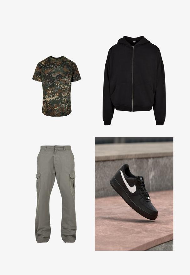 Zwarte zip-up hoodie met een capuchon, lange mouwen en twee voorzakken. Gemaakt van een zachte katoenmix met ribgebreide cuffs en zoom.; Camo t-shirt van katoen, met een meerkleurig patroon in groen, bruin en zwart. Ronde hals en korte mouwen.; Lichtgrijze cargobroek van katoen, met twee zijzakken, twee cargozakken, een rechte pijp en een ritssluiting.; Zwarte Nike Air Force 1 sneaker met wit swoosh-logo zwevend boven een stenen oppervlak en een grijze, getextureerde muur op de achtergrond.