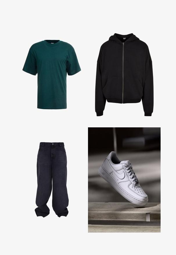Haut à capuche zippé noir avec capuche, manches longues et deux poches avant. Fait en mélange de coton doux avec des poignets et un ourlet côtelés.; T-shirt en coton vert foncé à manches courtes, col ras du cou et coupe décontractée. Texture lisse sans motifs ni accents visibles.; Jeans baggy noirs oversize avec fermeture avant à boutons et fermeture éclair, poches avant et jambes larges et amples.; La basket Nike Air Force 1 en cuir blanc présente un embout perforé, des lacets plats et une semelle en caoutchouc texturée avec le logo « AIR » sur le côté.