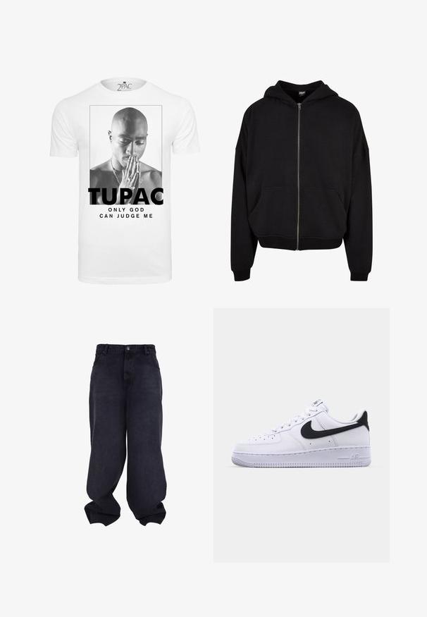 Sort zip-up hoodie med hætte, lange ærmer og to frontlommer. Fremstillet af blødt bomuldsblandingsstof med ribbede manchetter og kant.; Hvid bomulds t-shirt med en sort-hvid grafik af en mand, der holder hænderne sammen i bøn, med teksten "TUPAC" og "ONLY GOD CAN JUDGE ME."; Sorte oversized løstsiddende jeans med knap- og lynlåsfrontlukning, forlommer og løse, brede ben.; Hvide lædersneakers med en struktureret sort Swoosh, flade snørebånd og en gummisål med et rillemønster. "AIR" er præget på hælen.