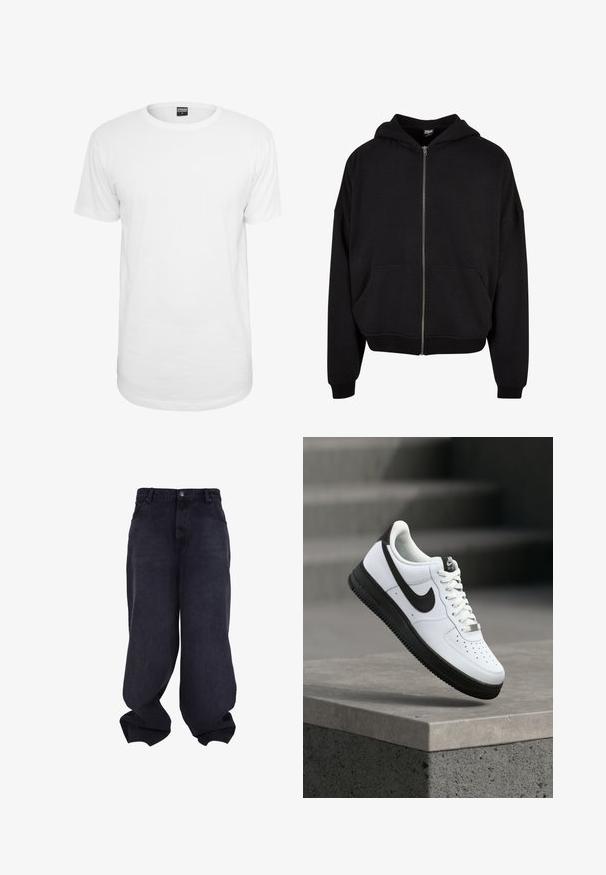 Haut à capuche zippé noir avec capuche, manches longues et deux poches avant. Fait en mélange de coton doux avec des poignets et un ourlet côtelés.; T-shirt blanc à manches courtes en coton, avec un col rond classique, une coupe décontractée et sans motifs ni logos visibles.; Jeans baggy noirs oversize avec fermeture avant à boutons et fermeture éclair, poches avant et jambes larges et amples.; Baskets en cuir blanc avec accents noirs, bout arrondi et détails perforés. Semelle en caoutchouc noire avec motif texturé et fermeture à lacets.
